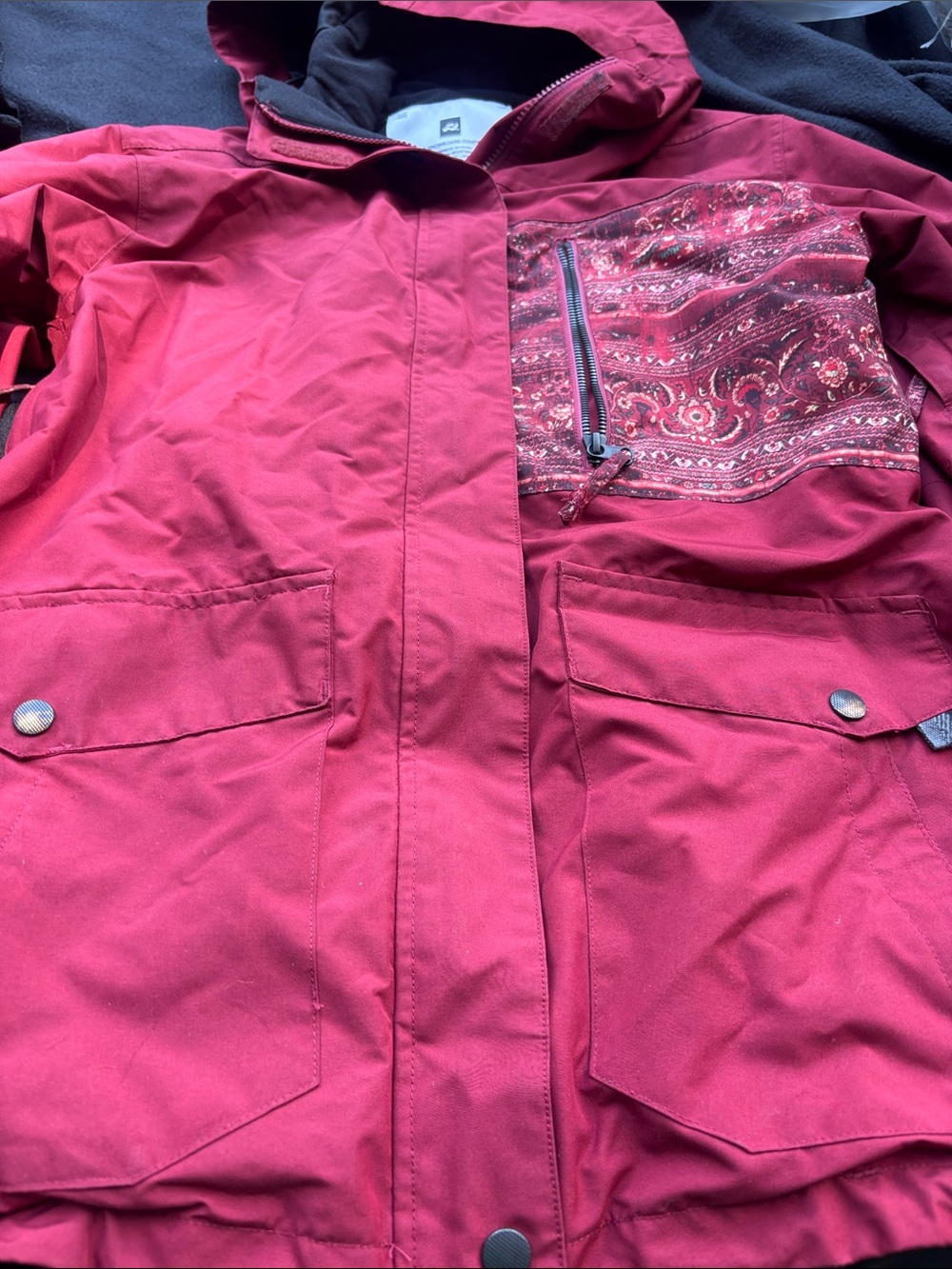 Women’s Burgundy Hooded Ski Jacket with Patterned Chest Panel in